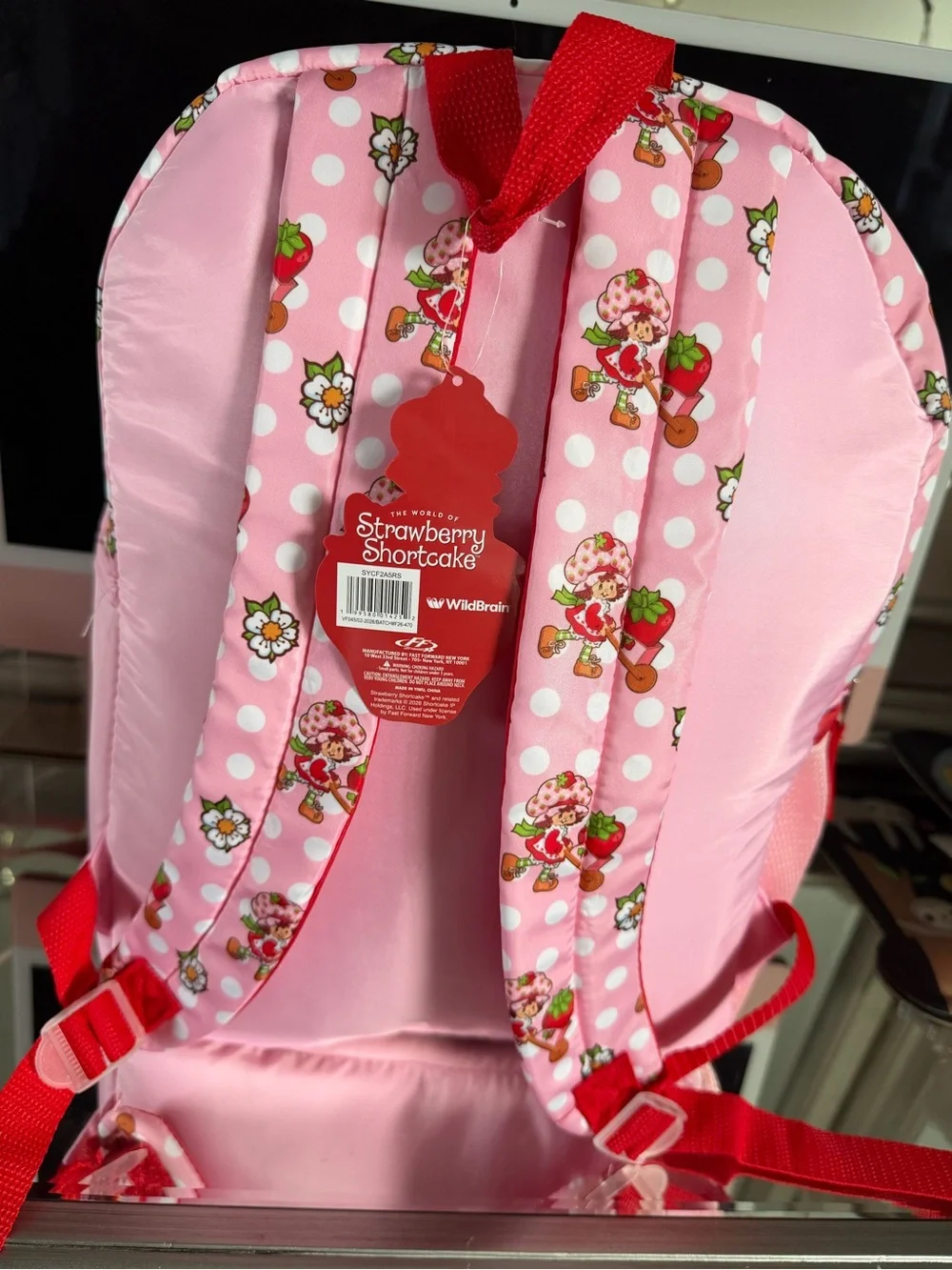 Strawberry Shortcake Pink Polka Dot Backpack 16in H 12in W